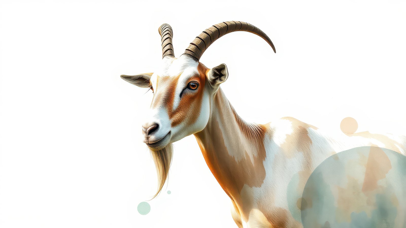 Goat with distinctive features standing against a light background, showcasing its horns and beard in a playful manner